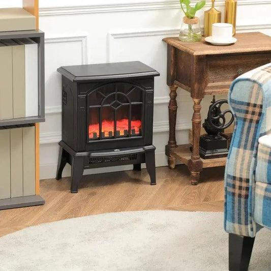 Black electric fireplace heater with realistic log flame LED in a cozy living room accent on Tampa Home & Garden Store