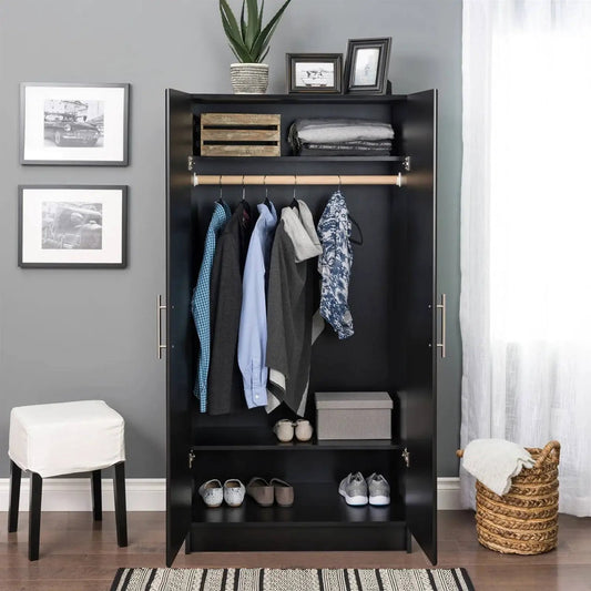 Bedroom Armoire Wardrobe with Hanging Rail in black finish; open interior with hanging clothes on Tampa Home & Garden Store