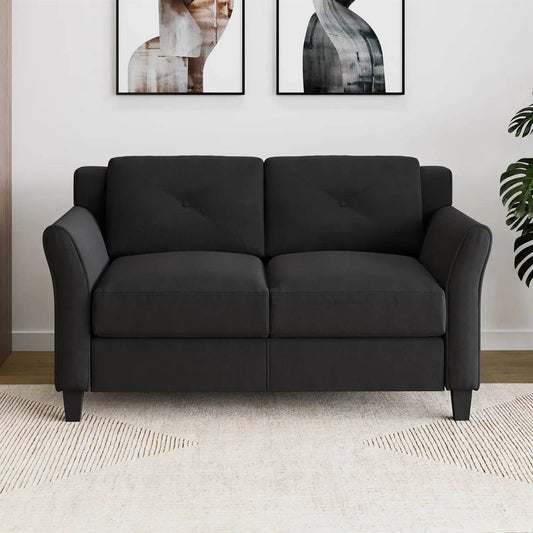 Modern upholstered loveseat in black microfiber with button tufted back cushions on Tampa Home & Garden Store
