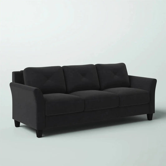Modern black microfiber three-seater sofa with cushioned back, square arms and tapered legs on Tampa Home & Garden Store