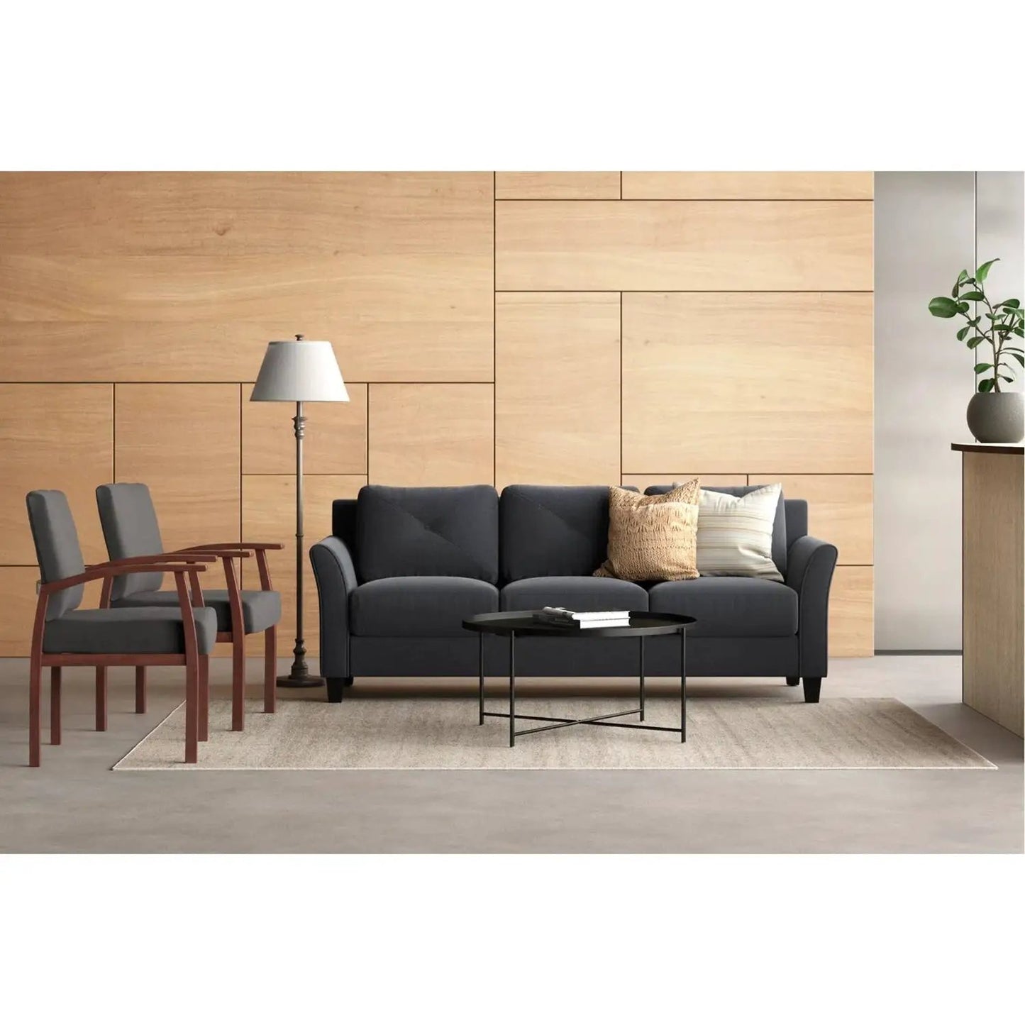 Modern Black Microfiber 3-Seater Sofa with two decorative cushions in a living room on Tampa Home & Garden Store