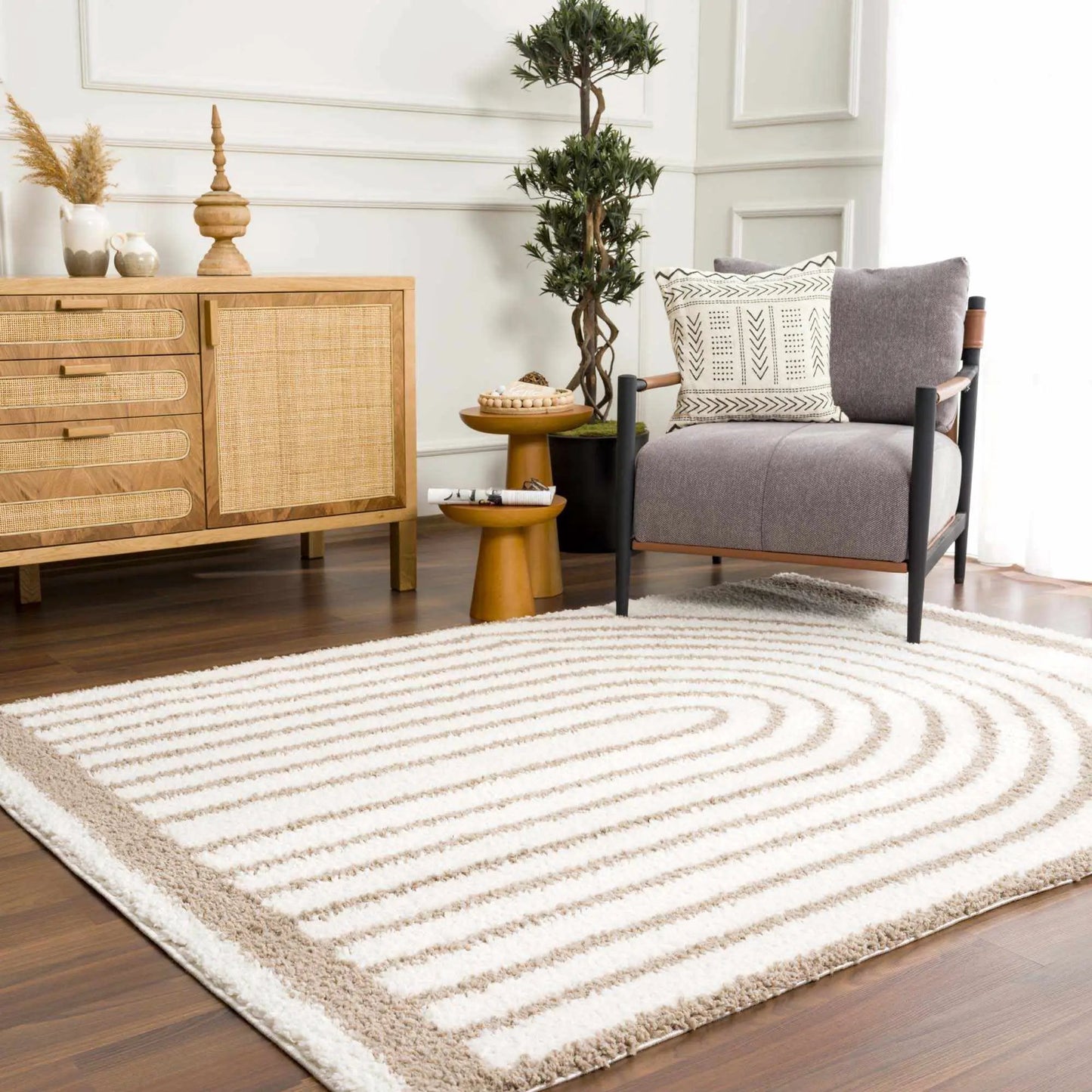 Jola Beige Area Rug by Boutique Rugs, Boho beige shag with striped motif in living room on Tampa Home & Garden Store