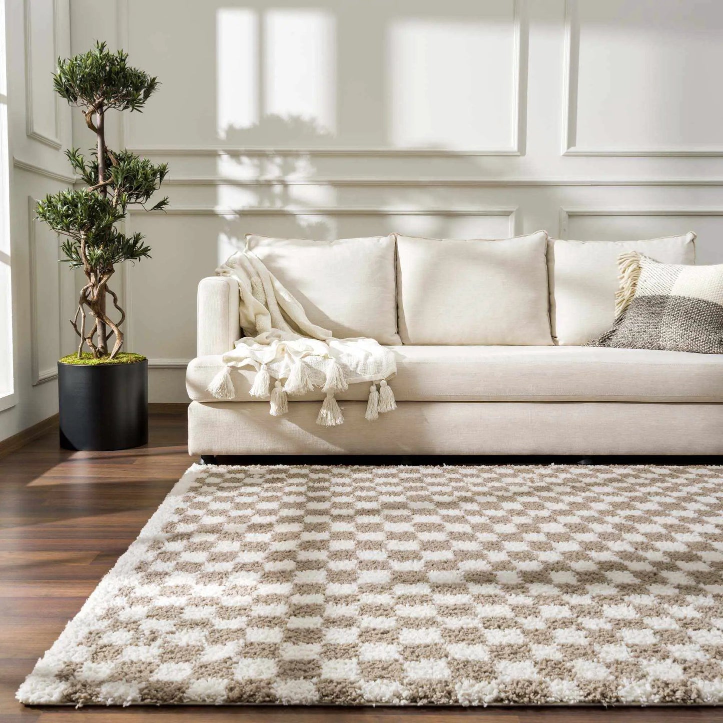 Kieu Taupe Checkered Shag Rug from Boutique Rugs in taupe/cream tones with soft pile on Tampa Home & Garden Store