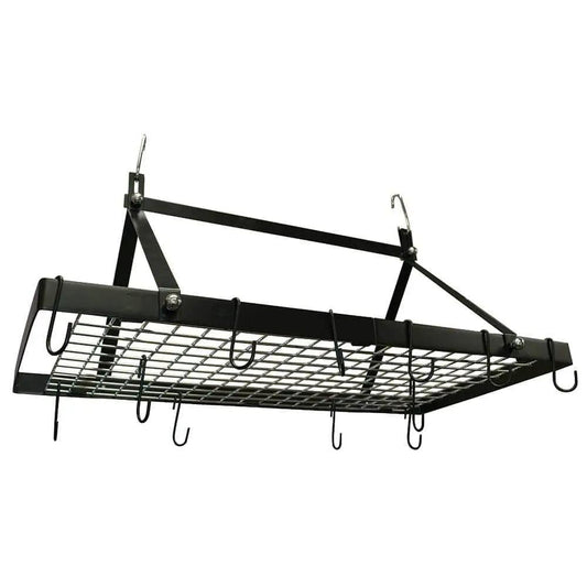 Black metal rectangular pot rack with 12 hooks by HomePacific for kitchen ceiling mounting on Tampa Home & Garden Store