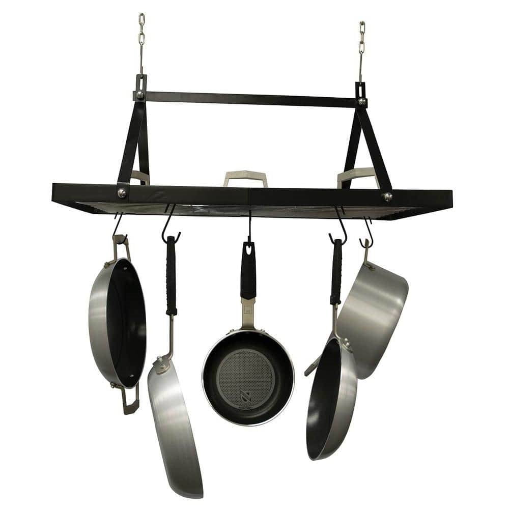 Estante Rectangular de Metal Negro para Ollas con 12 Ganchos Colgantes - Soporta hasta 18 kg.