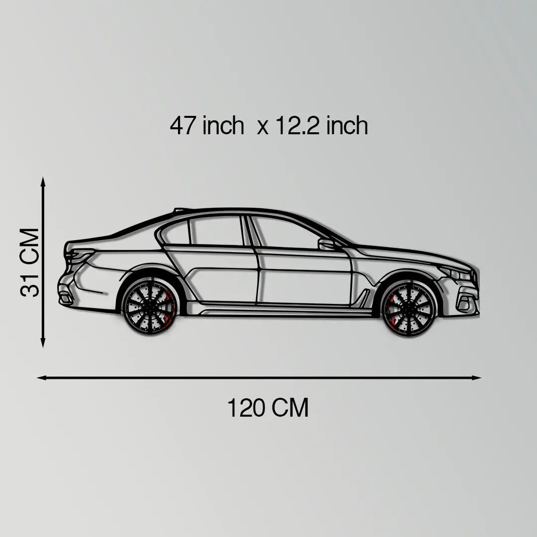 BMW 750i Metal Car Wall Art silhouette with rotating wheels, black line art by Enova Art on Tampa Home & Garden Store