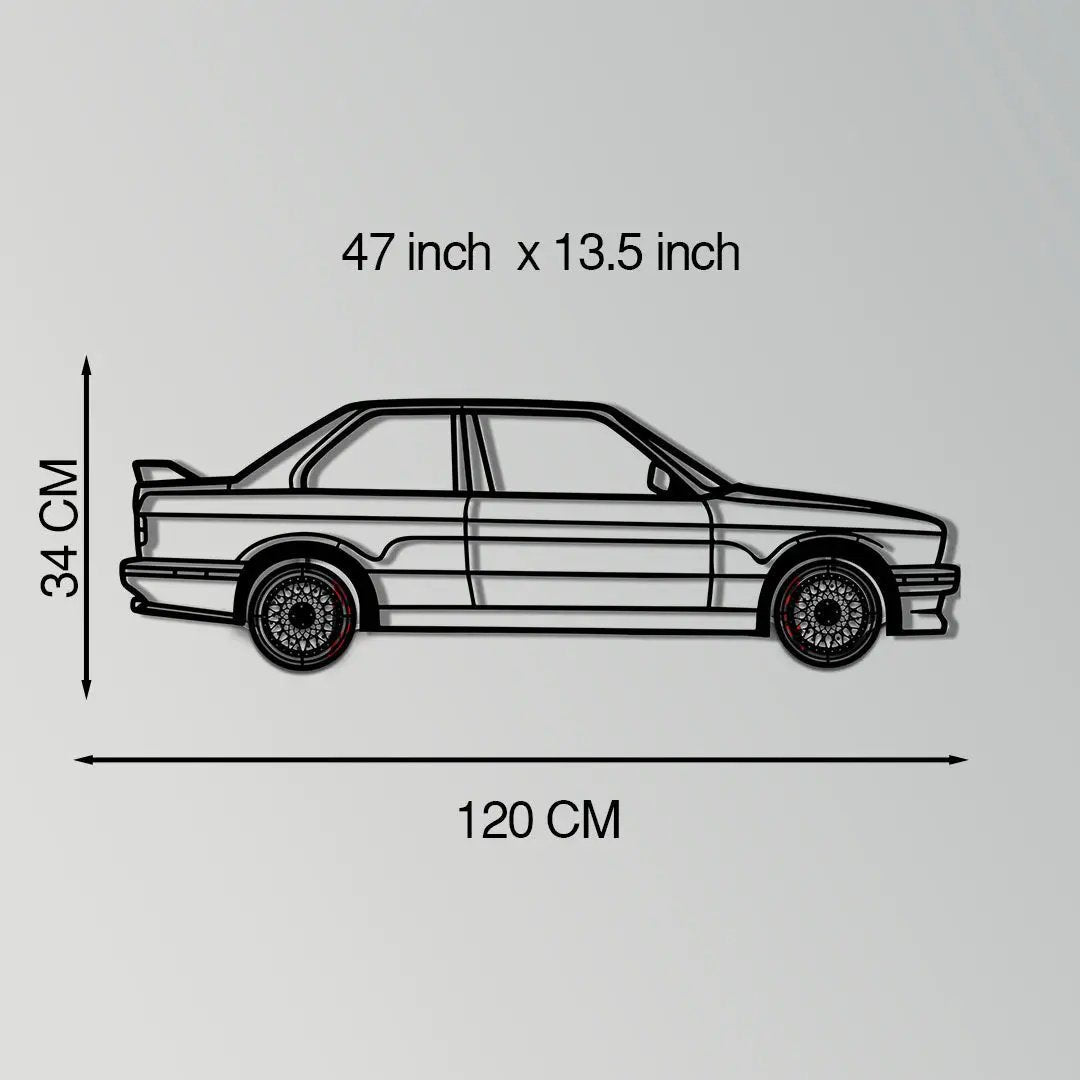 BMW E30 M3 metal wall art with rotating wheels, black line art silhouette, 47 in x 13.5 in on Tampa Home & Garden Store