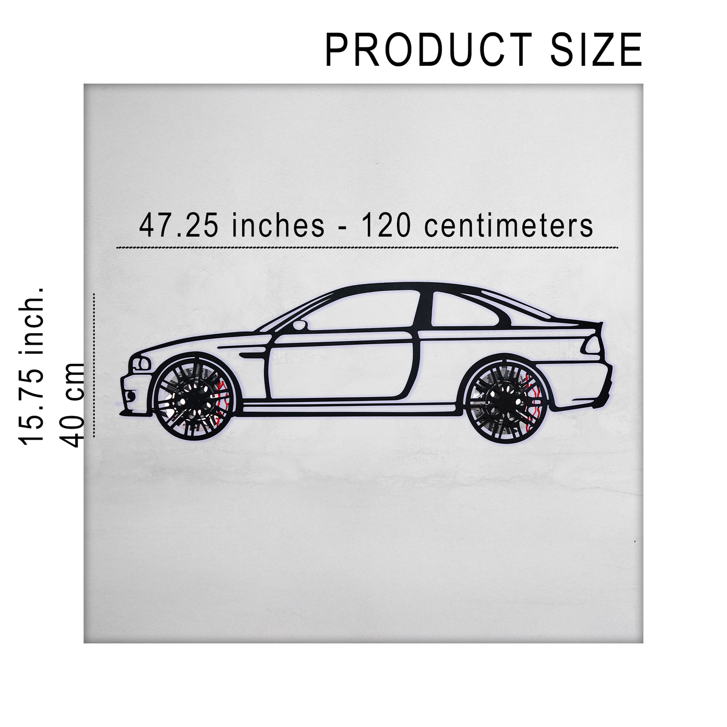 BMW E46 M3 steel wall art silhouette, Enova Art metal car wall decor with wheel detail on Tampa Home & Garden Store