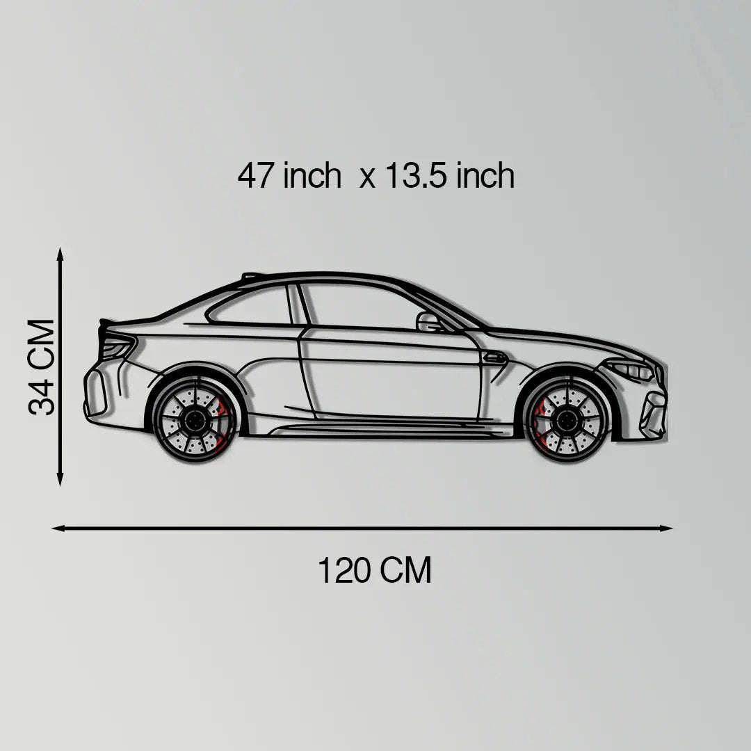 BMW M2 F87 Metal Wall Art with Rotating Wheels, Enova Art automotive sculpture, 47 in x 13.5 in on Tampa Home & Garden Store