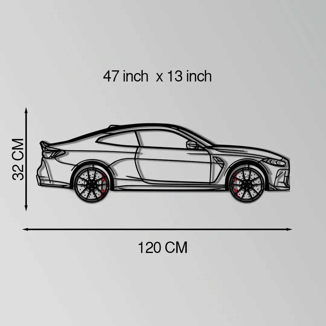 BMW M4 CSL metal wall art with rotating wheels, black line silhouette, 47x13 in on Tampa Home & Garden Store