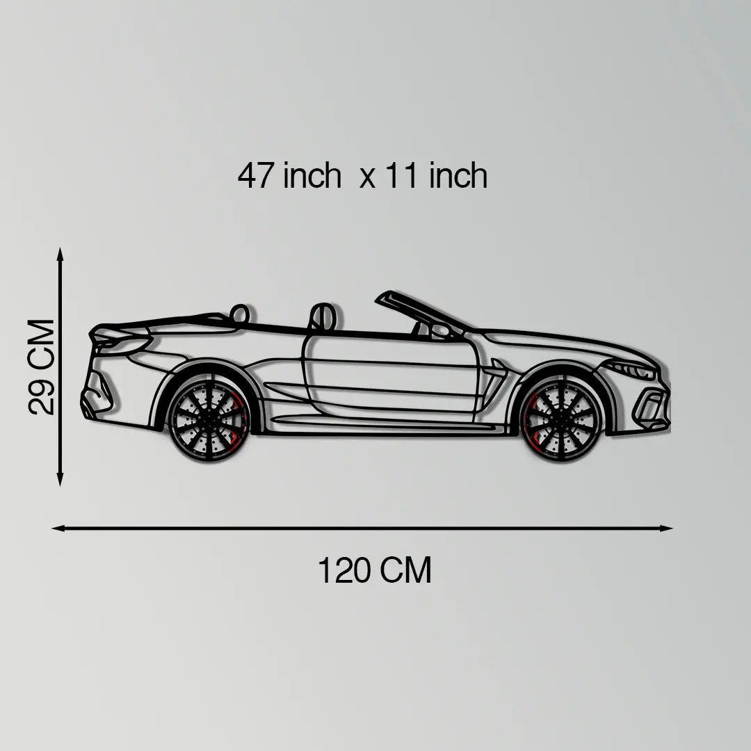 BMW M8 Competition metal car wall art with rotating wheels, red calipers by Enova Art on Tampa Home & Garden Store