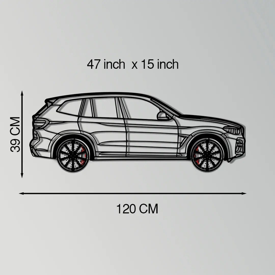 BMW X3 Metal Wall Art with Rotating Wheels by Enova Art, black metal car silhouette on Tampa Home & Garden Store