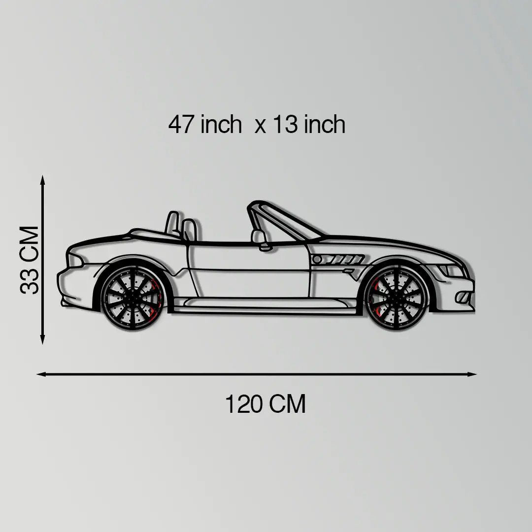 BMW Z3 metal wall art convertible silhouette with rotating wheels laser-cut from 1.5 mm on Tampa Home & Garden Store