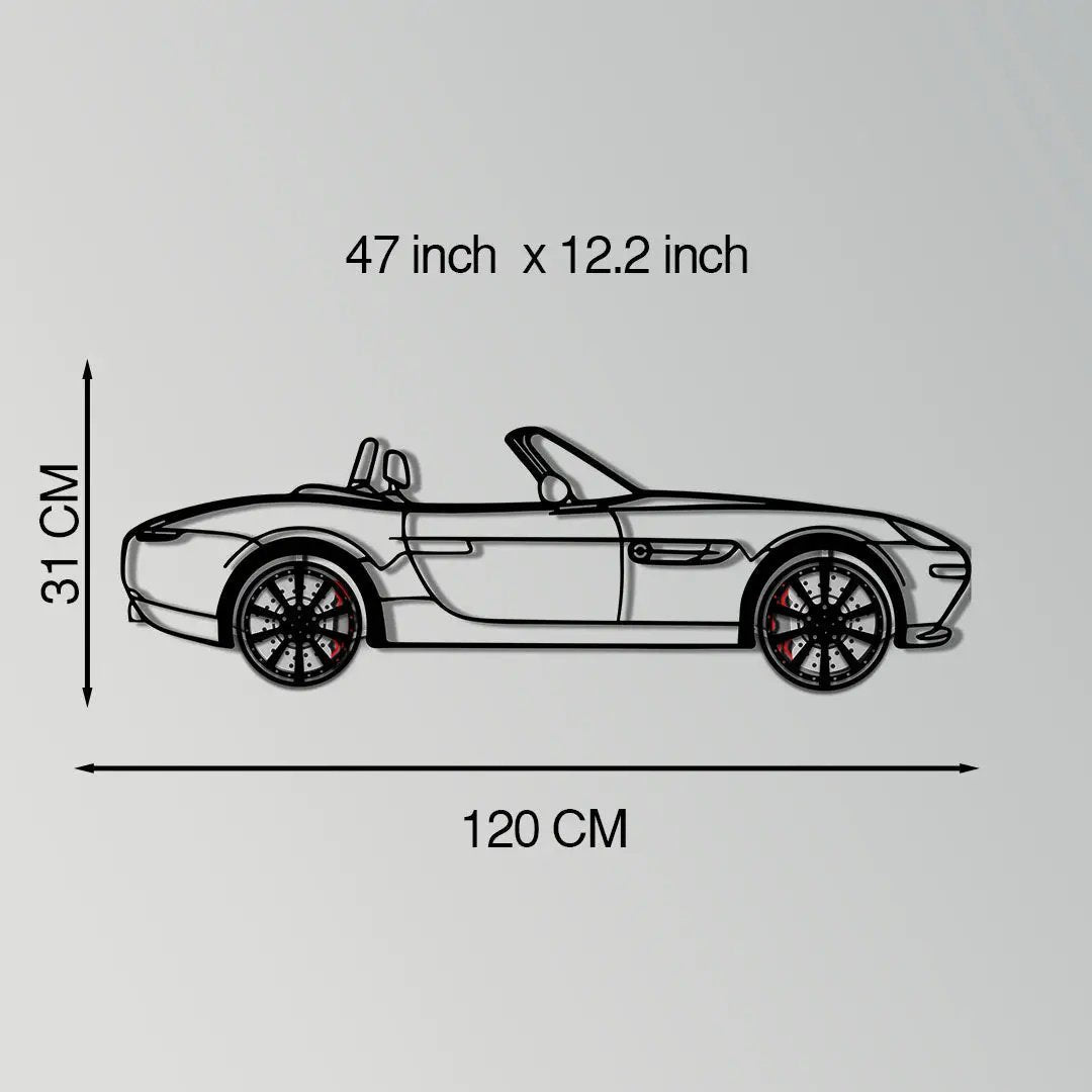 BMW Z8 metal wall art with rotating wheels by Enova Art; metal car wall decor, 120 cm long on Tampa Home & Garden Store