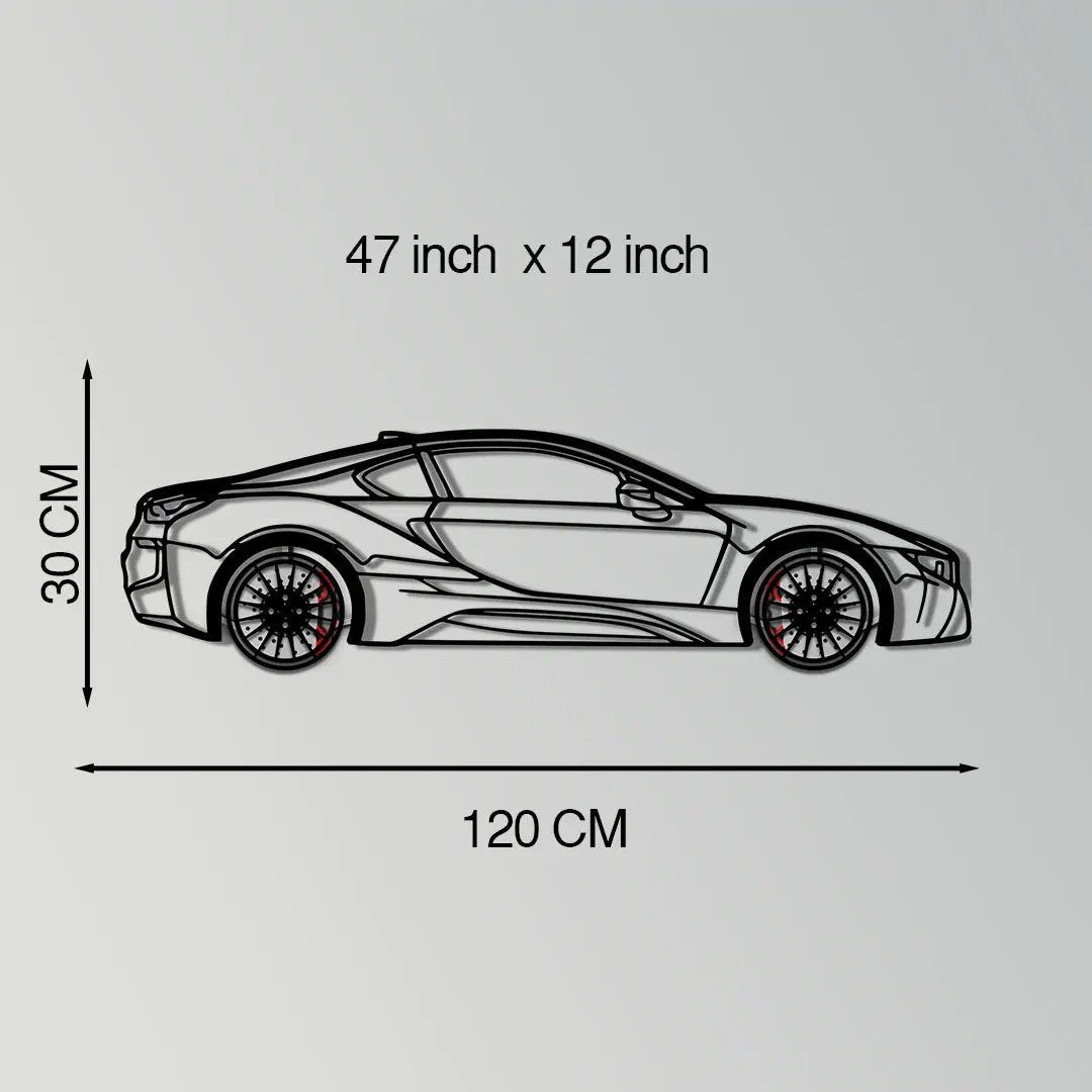 BMW i8 metal car wall art silhouette by Enova Art, 120 cm length, black line sculpture on Tampa Home & Garden Store