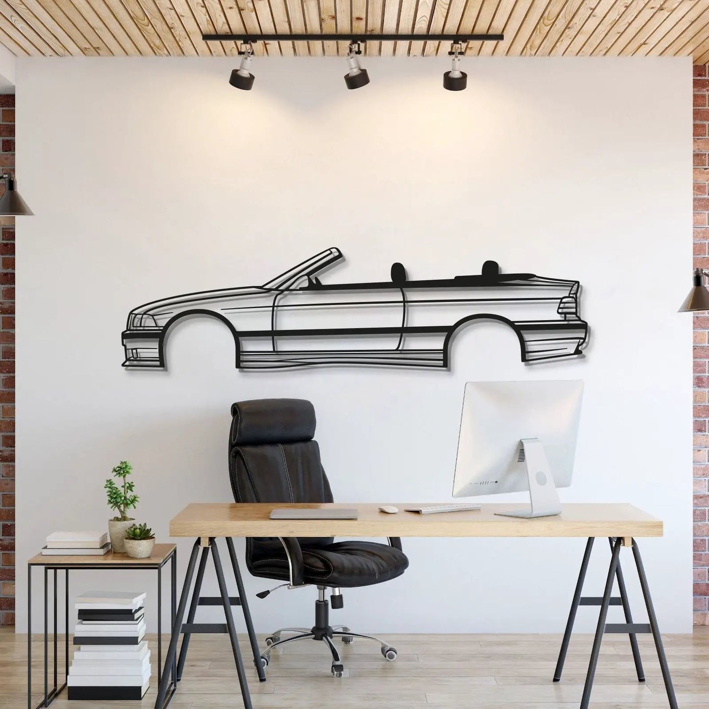 E36 Cabrio Open Top Metal Car Wall Art by Modello Turbo in black line art on white wall on Tampa Home & Garden Store