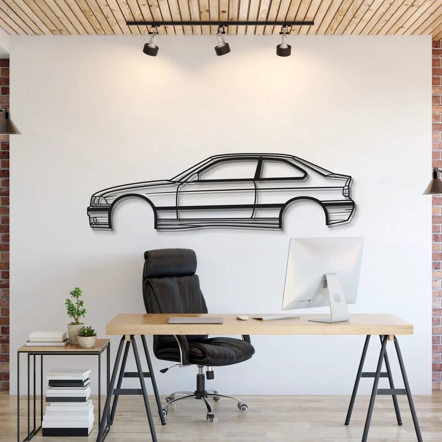 E36 Compact Metal Car Wall Art MT0944 by Modello Turbo, black line-drawing coupe on wall on Tampa Home & Garden Store