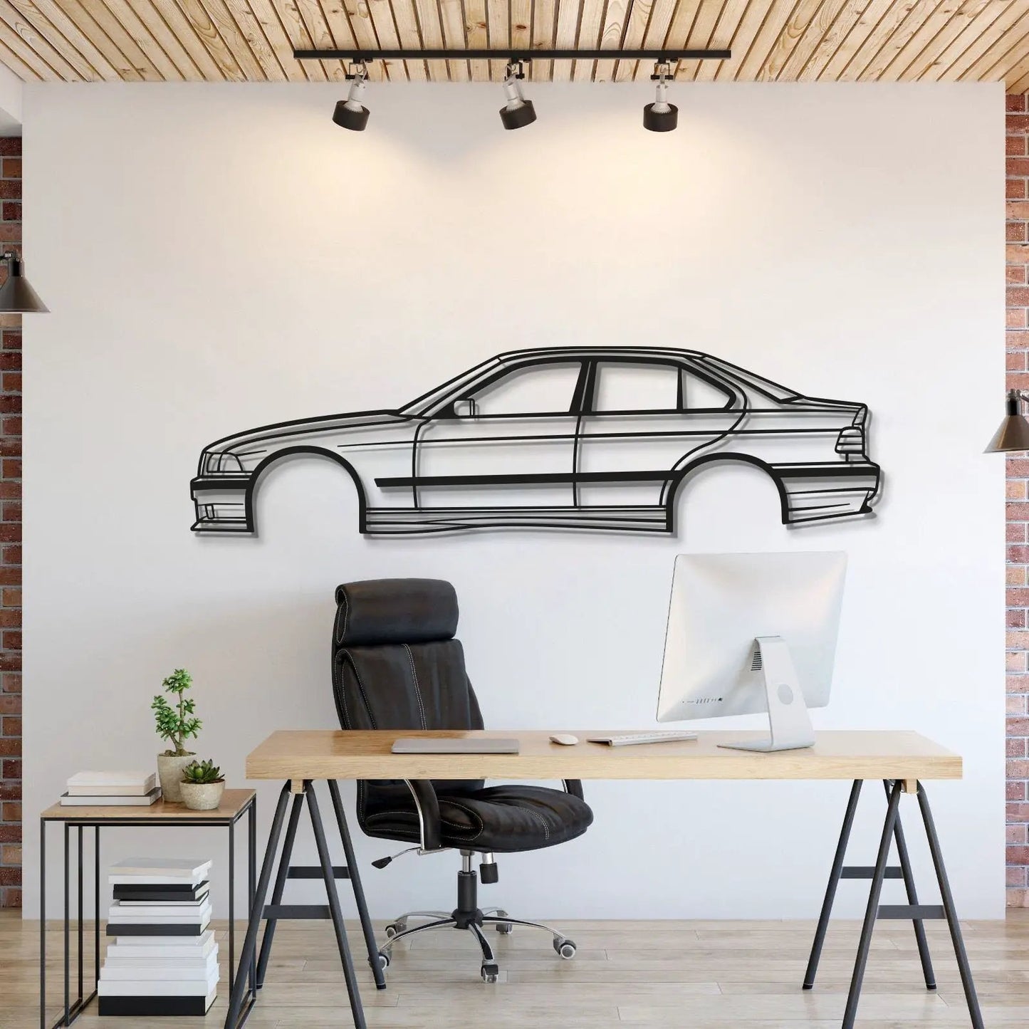 Modello Turbo E36 M3 Sedan No Spoiler metal wall art in black line silhouette on Tampa Home & Garden Store