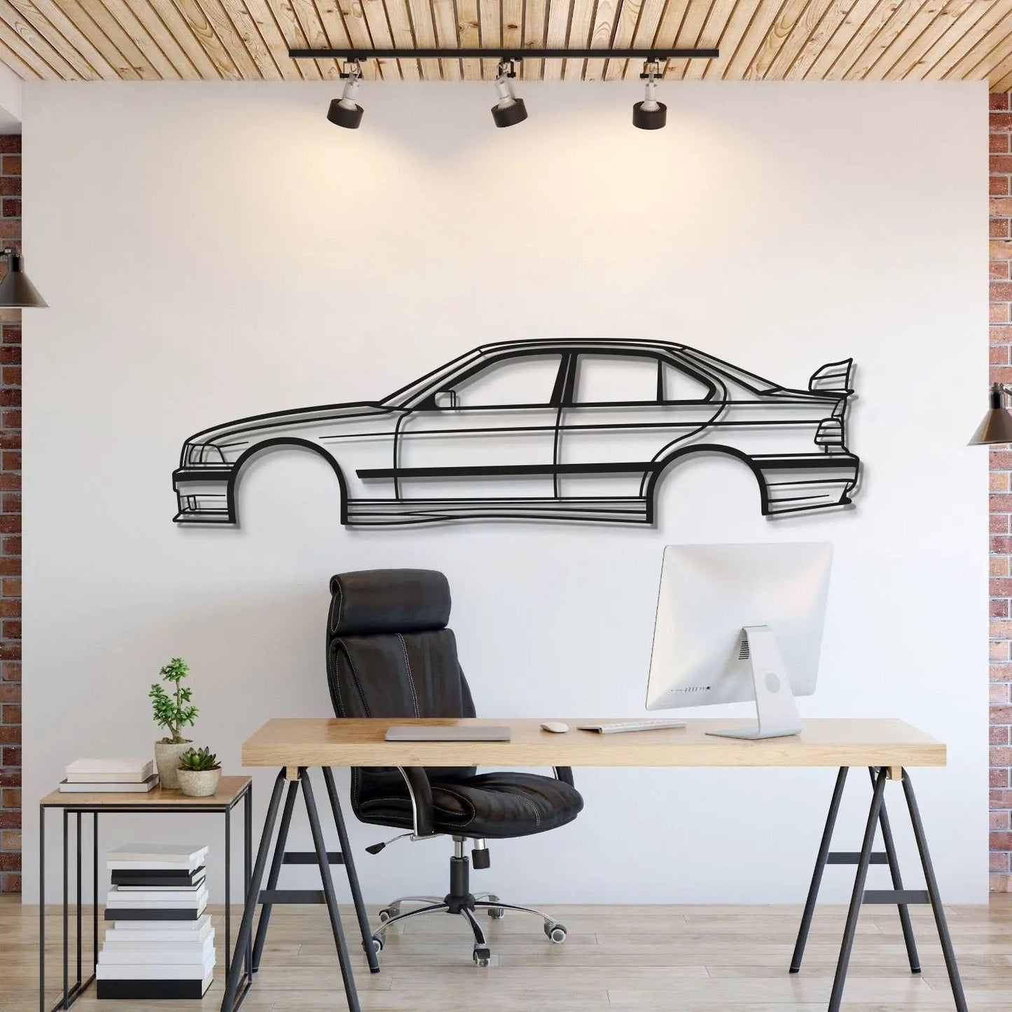 Modello Turbo E36 M3 Sedan with Spoiler metal wall art in black outline on white wall on Tampa Home & Garden Store