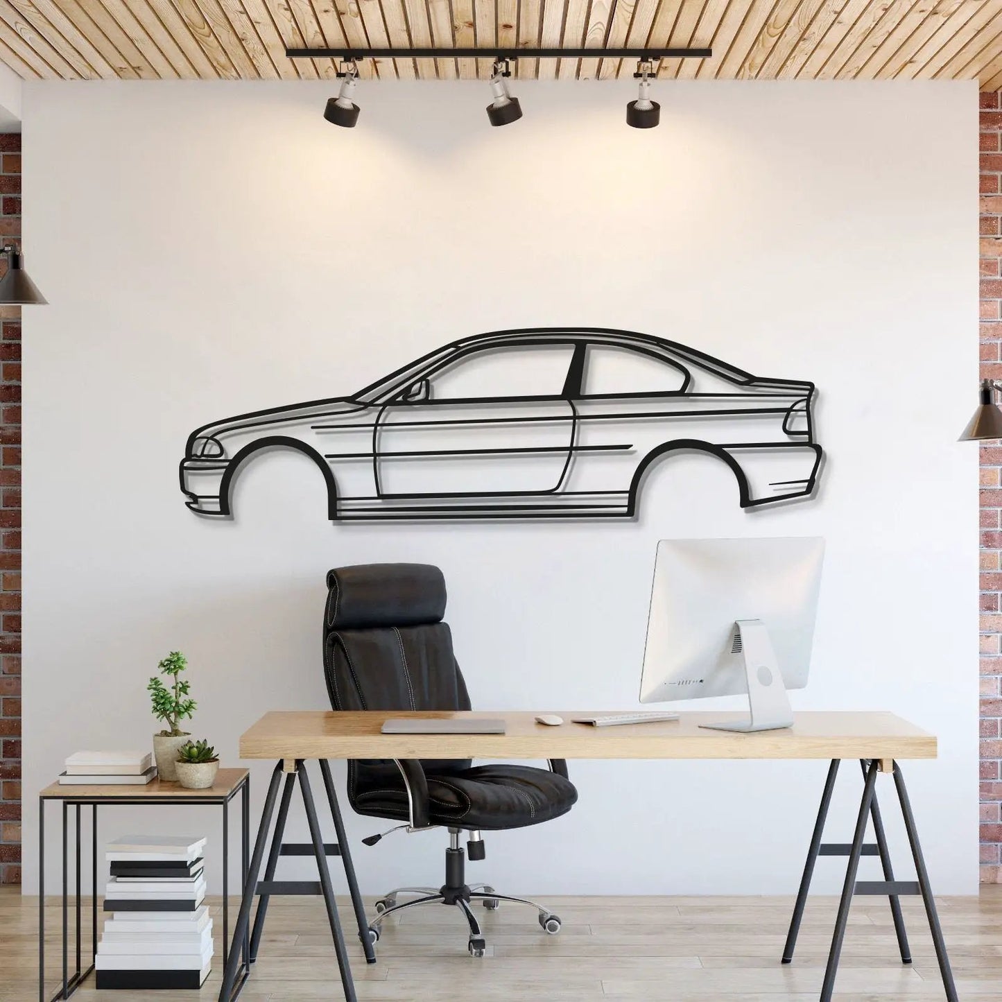 E46 Coupe metal wall art, black car outline on white wall in office decor on Tampa Home & Garden Store