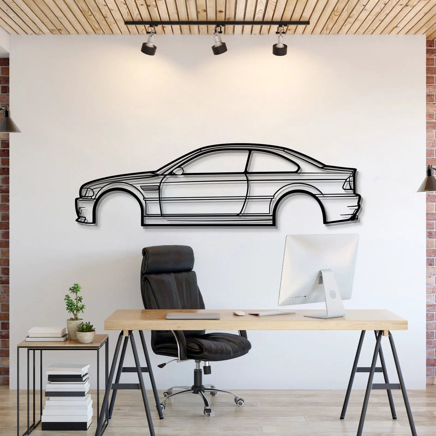 E46 M3 metal car wall art in black line drawing, modern garage wall decor on Tampa Home & Garden Store