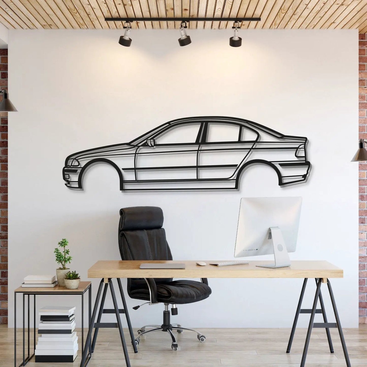 E46 Sedan metal wall art by Modello Turbo in black line art, automotive artwork on Tampa Home & Garden Store
