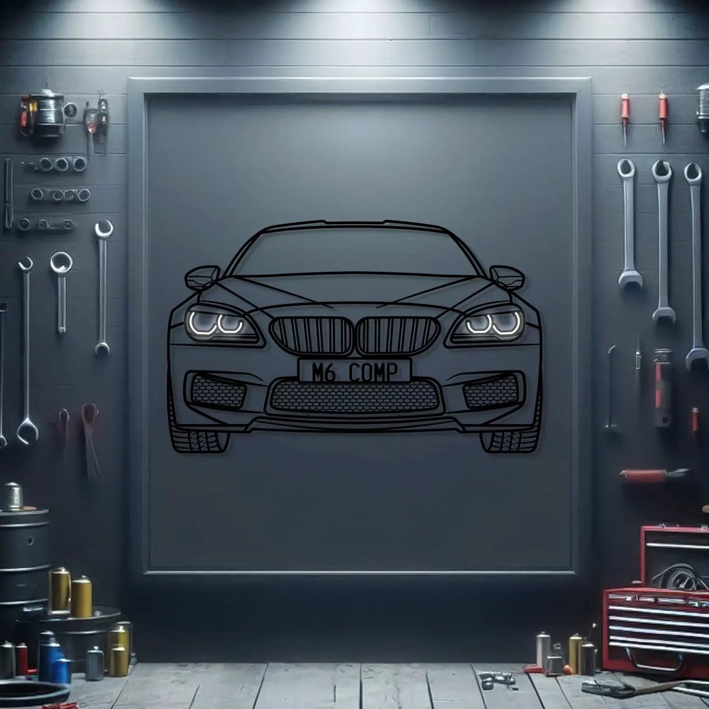 2015 M6 Competition metal neon wall art with front-view car outline and glowing headlights on Tampa Home & Garden Store