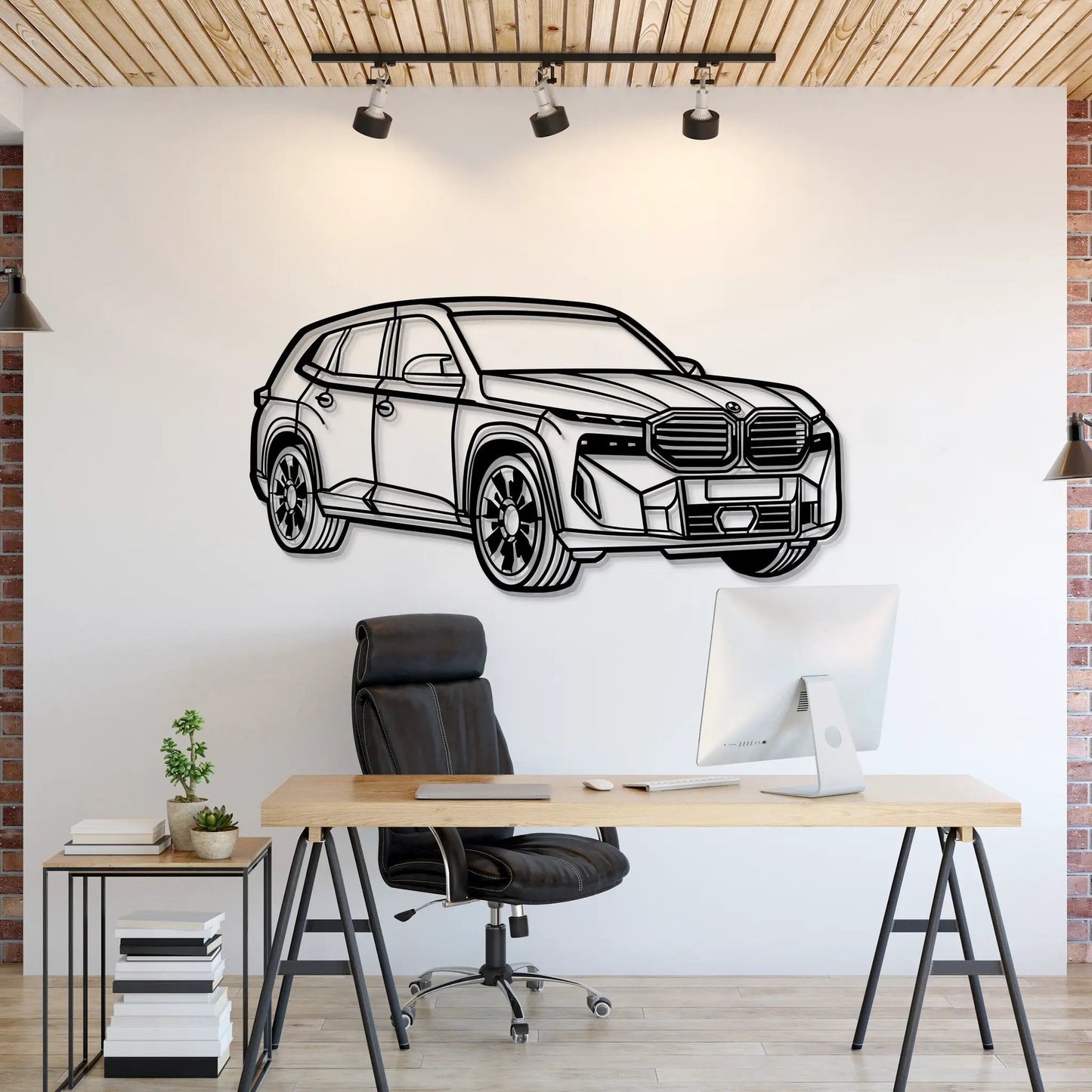 XM 50E Perspective Metal Car Wall Art by Modello Turbo, bold black line SUV on white panel on Tampa Home & Garden Store