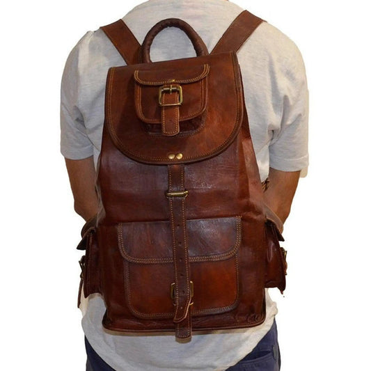Outdoor Hiking Backpack brown leather with brass buckle, front pocket and stitched detailing worn from the back on Tampa Home & Garden Store