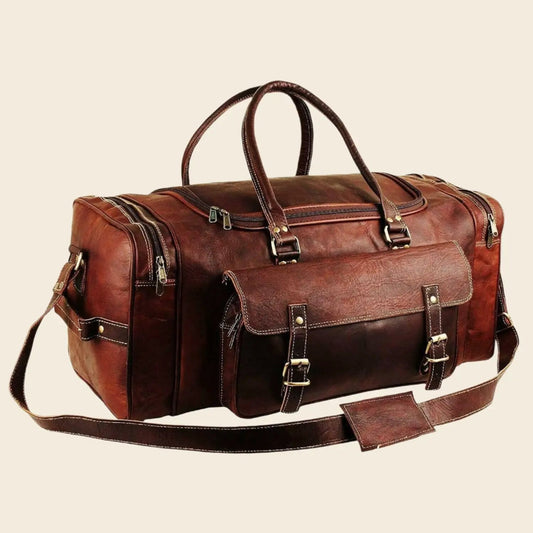 Traveler Weekender duffel, brown leather, with toiletry bag; dual handles and strap on Tampa Home & Garden Store