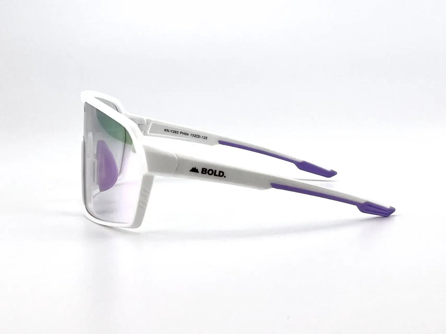 Bold Drift photochromic sunglasses white frame purple temple tips BOLD logo on Tampa Home & Garden Store