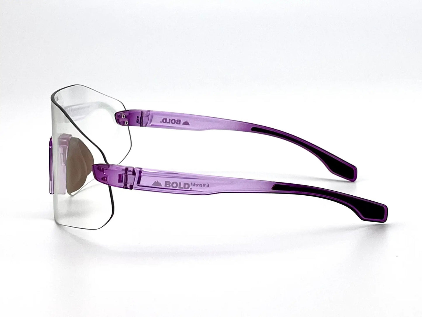 Bold Emerald photochromic sunglasses with purple translucent temples for MTB and ski on Tampa Home & Garden Store