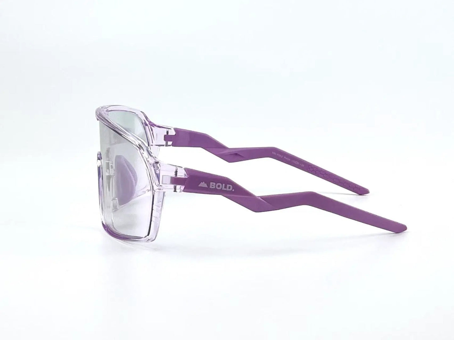 BOLD Glow photochromic sunglasses with transparent frame and purple temples on Tampa Home & Garden Store