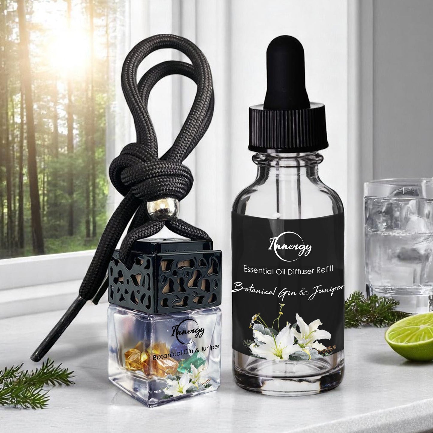 Diffuseur d'huiles essentielles botaniques au gin et au genévrier, enrichi en cristaux, pour voiture, 8 ml
