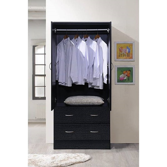 Armario ropero negro de 2 puertas con 2 cajones y barra para colgar