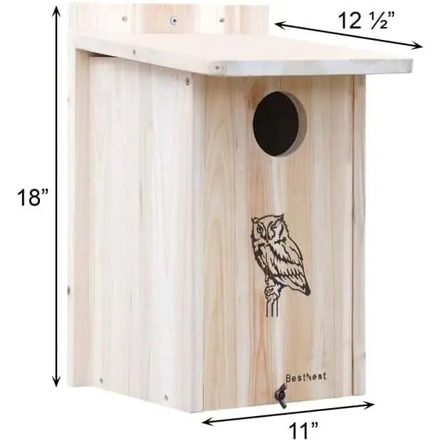 Sturdy wood bird house for owls and kestrels with natural finish and owl graphic BestNest on Tampa Home & Garden Store