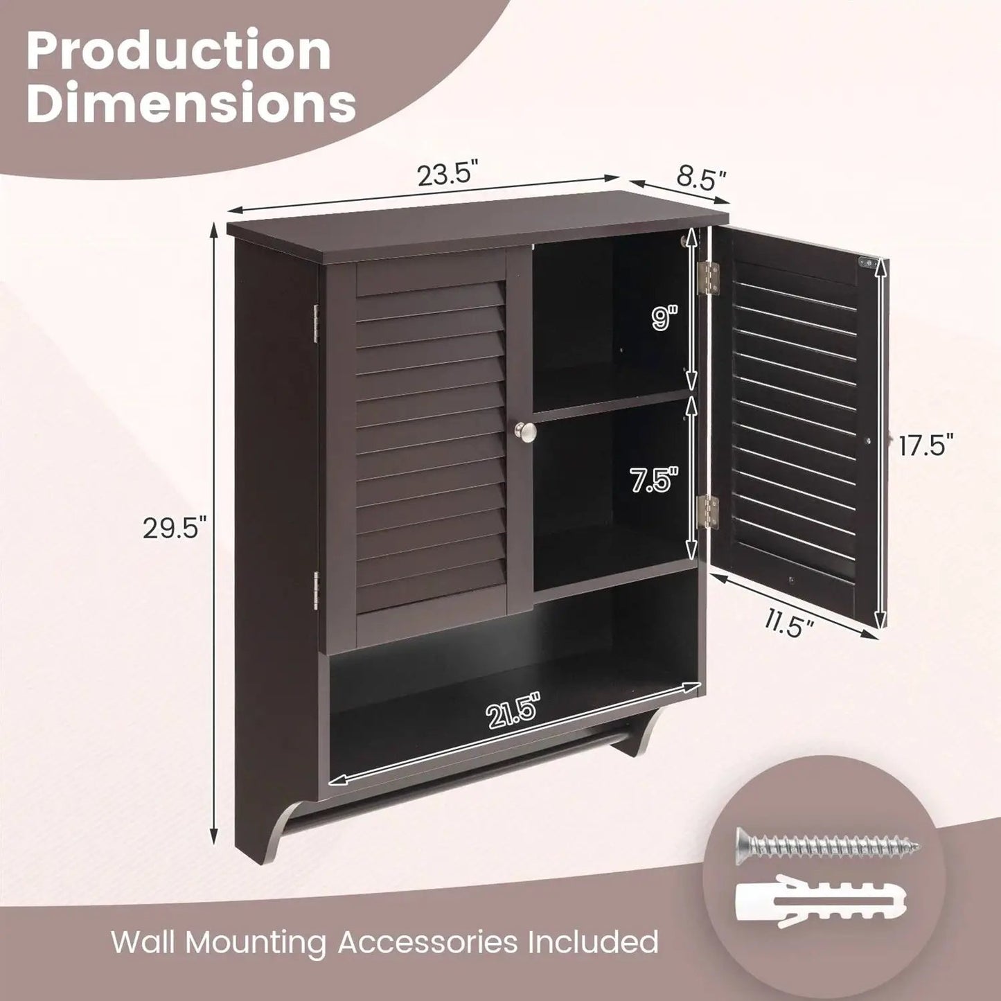 Brown Wall-Mounted Bathroom Medicine Cabinet with Louver Doors and Towel Bar - Tampa Home & Garden Store