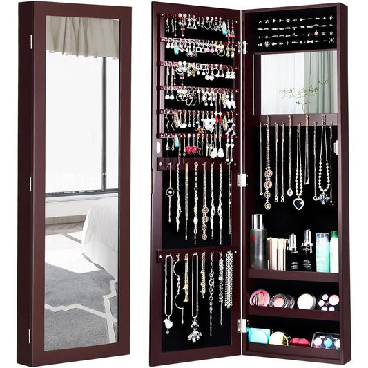 Organizador de joyas 2 en 1 con espejo de cuerpo entero para pared o puerta, color marrón oscuro