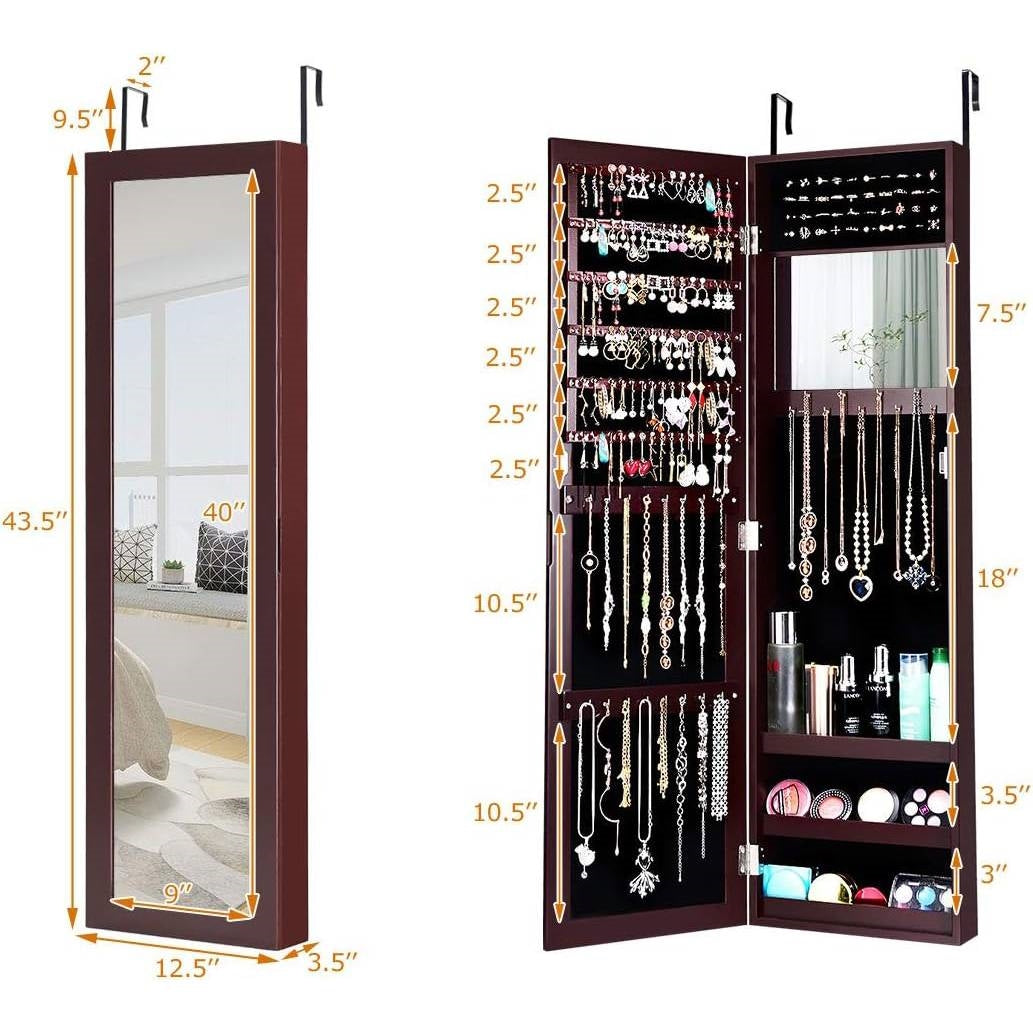 Organizador de joyas 2 en 1 con espejo de cuerpo entero para pared o puerta, color marrón oscuro