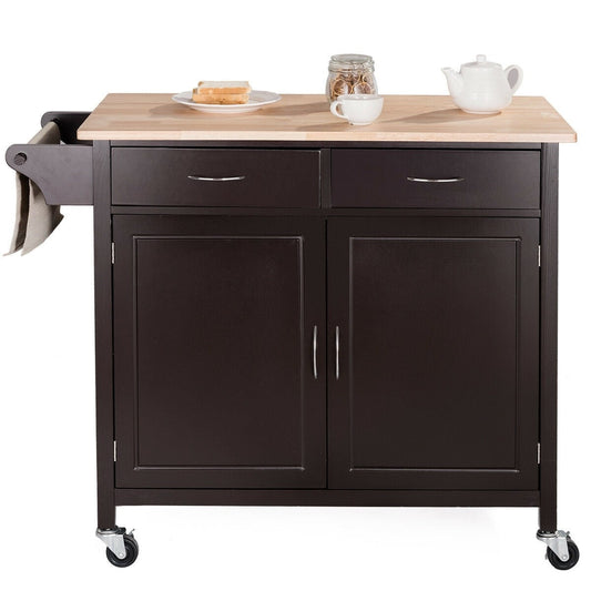 Carrito de almacenamiento de cocina marrón con parte superior de madera y ruedas