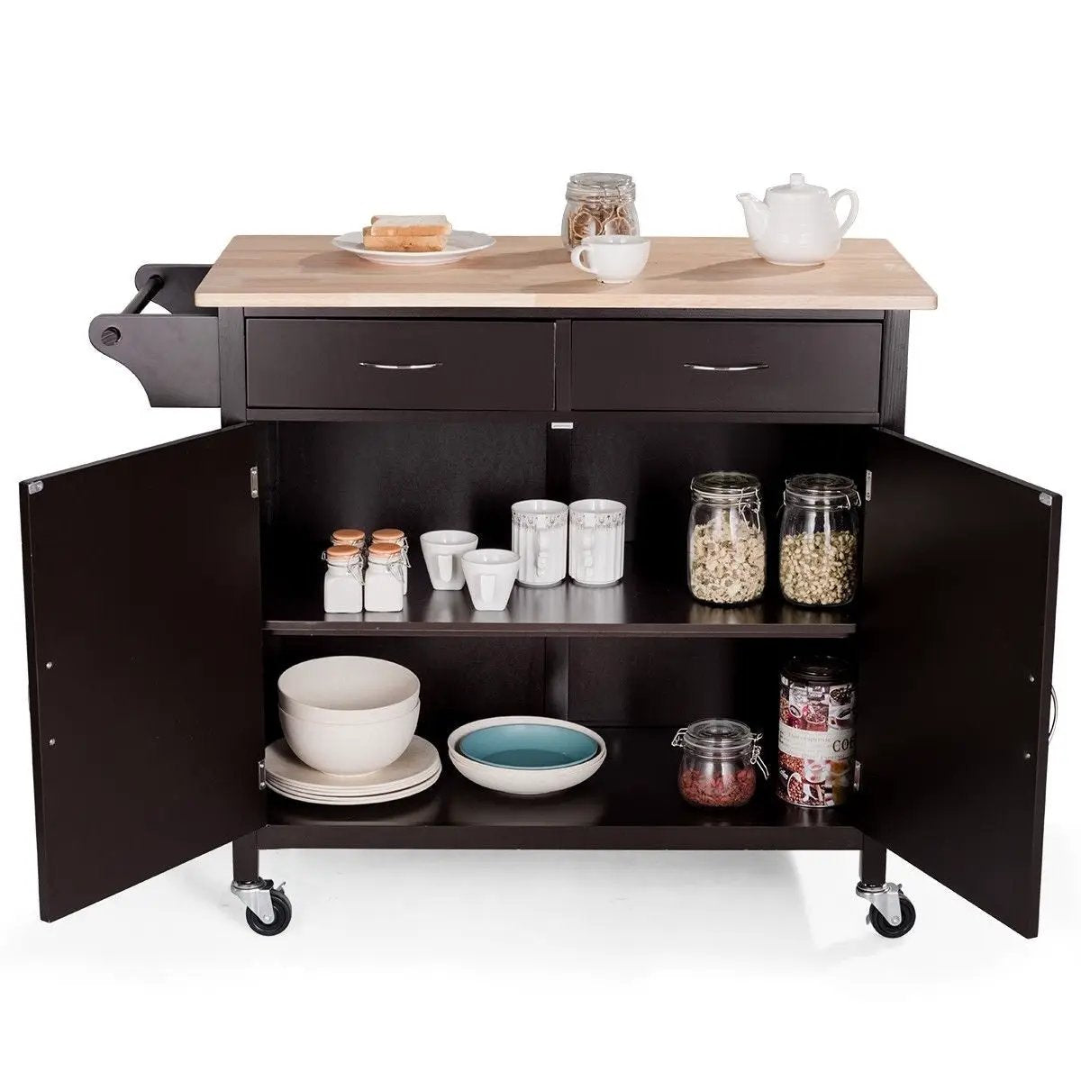 Brown Kitchen Island Storage Cart with Wood Top and Casters - Tampa Home & Garden Store