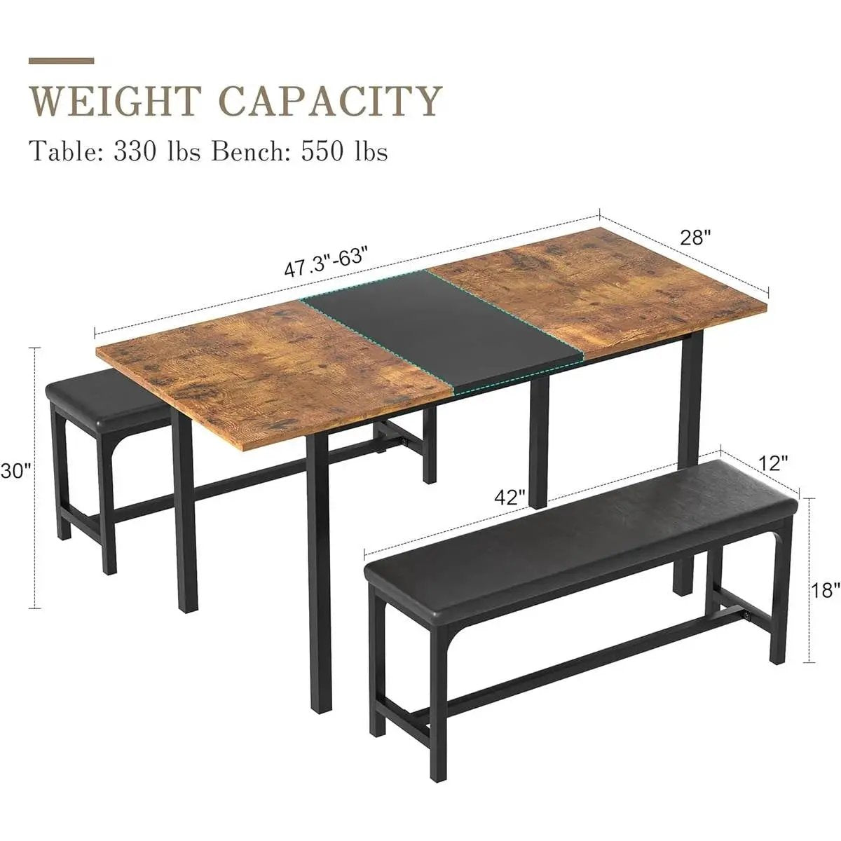 Modern 3-Piece Dining Set with Expandable Kitchen Table and 2 Backless Benches - Tampa Home & Garden Store