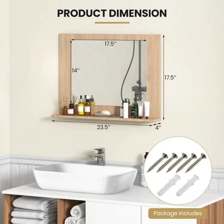 Rectangular 23 x 17 inch Bathroom Wall Mirror with Shelf in Brown Wood Finish - Tampa Home & Garden Store
