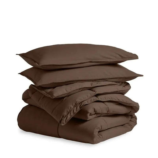 Down Alternative Comforter Set in Chocolate Brown by HomePacific, pillows on a folded stack on Tampa Home & Garden Store