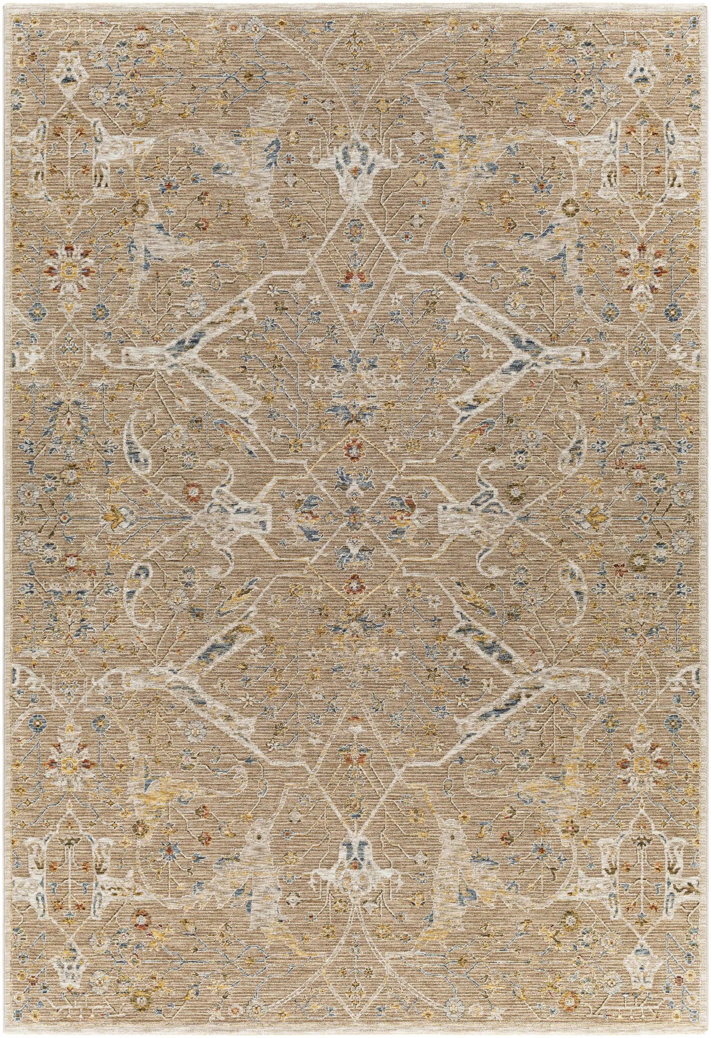 Barneyside Luxe machine-woven denim area rug by Boutique Rugs with beige floral lattice motif on Tampa Home & Garden Store