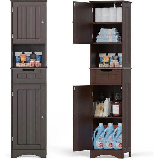 Pair of dark brown freestanding bathroom linen cabinet towers with doors and open shelves on Tampa Home & Garden Store