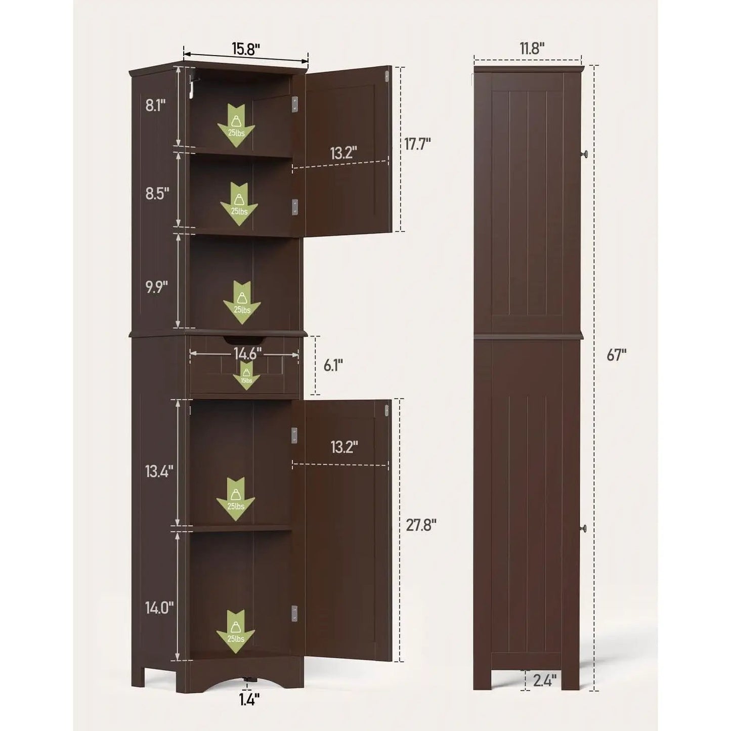 Dark Brown Bathroom Linen Cabinet Tower with 2 Doors Storage Drawer and Shelf - Tampa Home & Garden Store