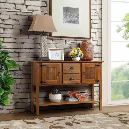 Solid Wood Farmhouse Console Table with Drawers, warm brown finish, two doors and three drawers on Tampa Home & Garden Store