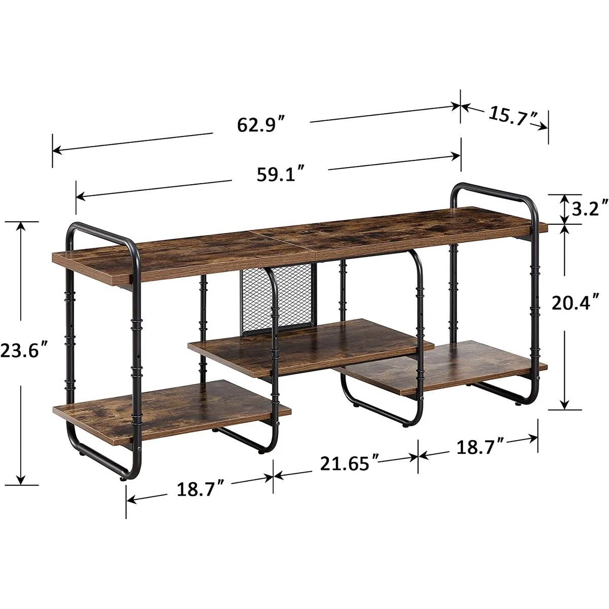 Mueble de TV/Centro de entretenimiento moderno industrial de metal y madera para televisores de hasta 65 pulgadas
