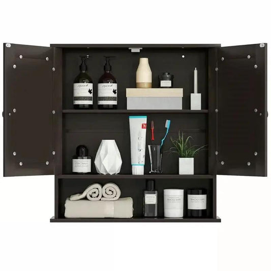 Brown wooden bathroom medicine cabinet by HomePacific with mirrored doors and shelves on Tampa Home & Garden Store